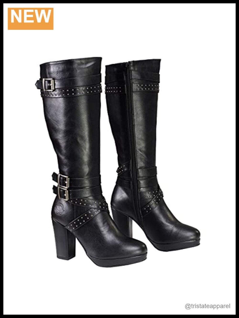 Women's Knee-High Studded Strap Platform Boots Faux Leather